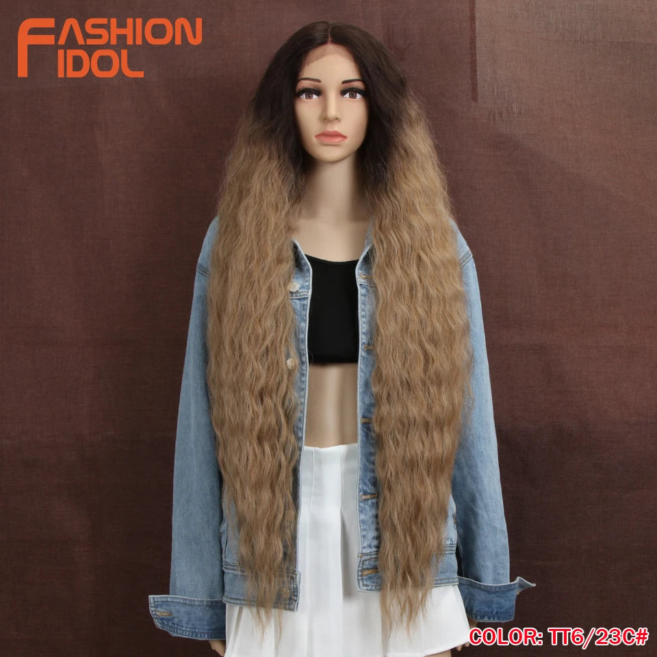 FASHION IDOL 42 Inches Lace Wig Hair Synthetic Wigs For Black Women Ombre Blonde Pink Water Wavy Long Curly Hair Wigs Cosplay
