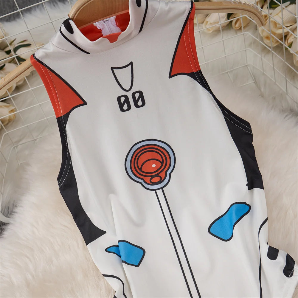 White Cute Sweet Cartoon Printed Jumpsuit Half High Collar Sleeveless Skinny Lingerie Bodycon Bodysuit Rompers Catsuits Clothes