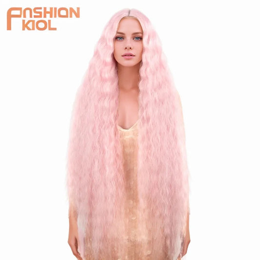 FASHION IDOL 42 Inches Lace Wig Hair Synthetic Wigs For Black Women Ombre Blonde Pink Water Wavy Long Curly Hair Wigs Cosplay