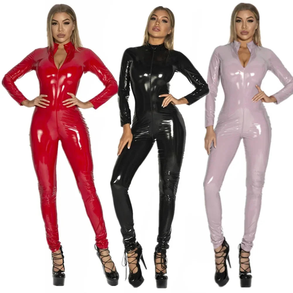 Women Hot Glossy PU Leather Bodysuit Double Zipper Sexy Open Crotch Porn Breast Exposing Jumpsuit Long Sleeve Sexi