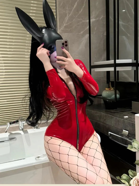 Sexy Patent Leather Bodysuit Zipper Uniform Pure Desire Sleepwear For Women Rompers Clothing Body Suits Fashion Women 3X63