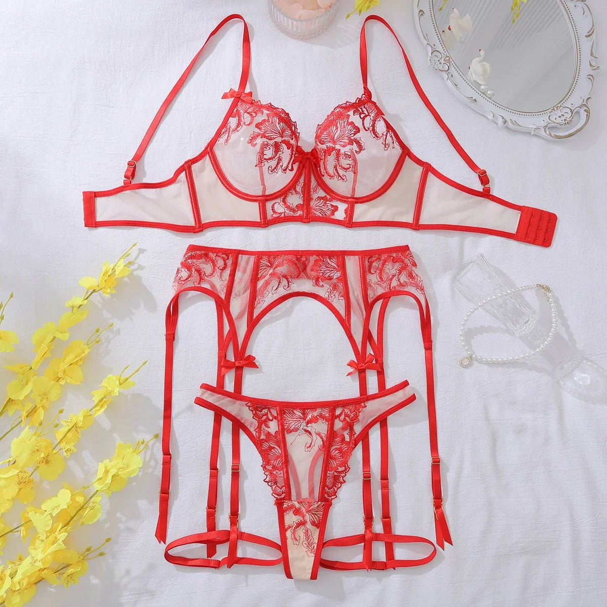 Luxury Valentine Lingeries Sexy Hot Lace Premium Underwear Daring Transparent Intimate Erotic Hot Red Outfit Complete