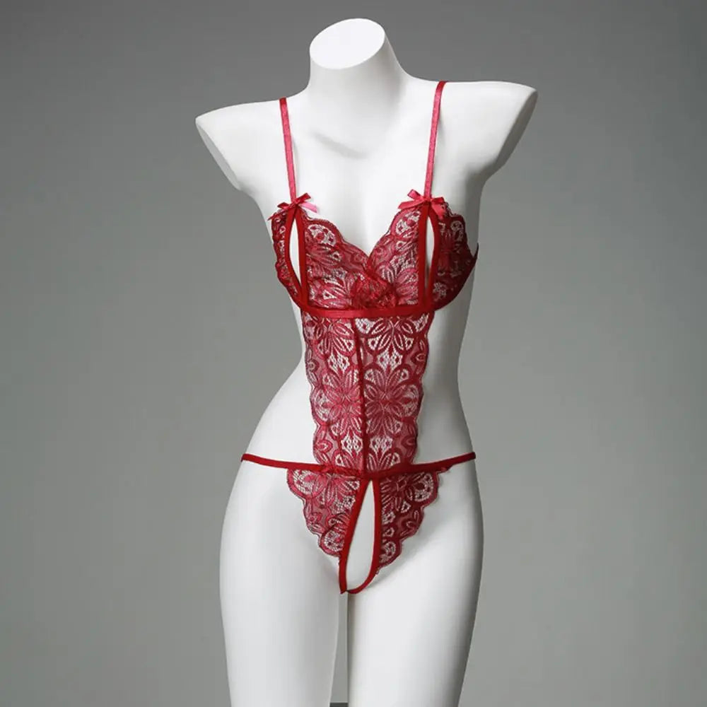 Sweet Deep V Neck Lace Bow Bodysuit Mesh Hollow Transparent Women Lingerie Jumpsuits Sleeveless Lace Sling Nightwear Gifts