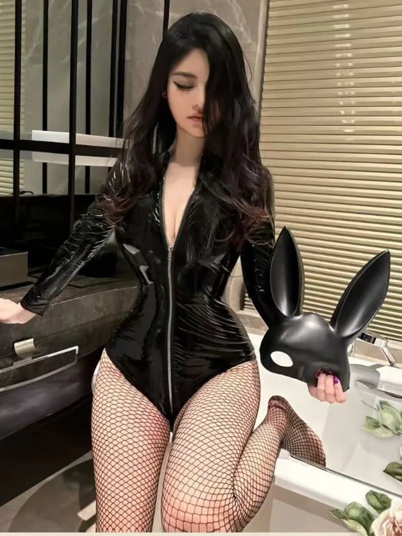 Sexy Patent Leather Bodysuit Zipper Uniform Pure Desire Sleepwear For Women Rompers Clothing Body Suits Fashion Women 3X63