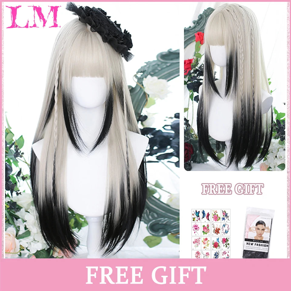 LM Golden Wig Synthetic Ombre Long Straight/Body Wave Middle Part Heat Resistant Natural Hair Wigs For Women Cosplay
