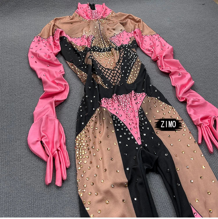 stage sexy blue pink rhinestones long sleeve jumpsuit women pole club Leotard Dance birthday party DS Singer drag queen Costumes