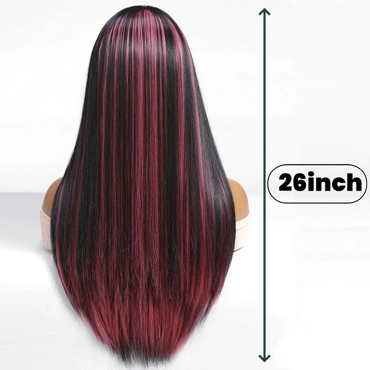 Black Highlight Pink Synthetic Wig with Bangs Long Straight Black Highlight Red Wig For Women Cosplay Party Christmas Wig 26inch