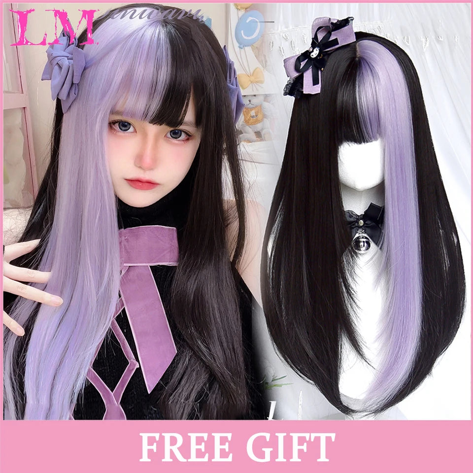 LM Golden Wig Synthetic Ombre Long Straight/Body Wave Middle Part Heat Resistant Natural Hair Wigs For Women Cosplay