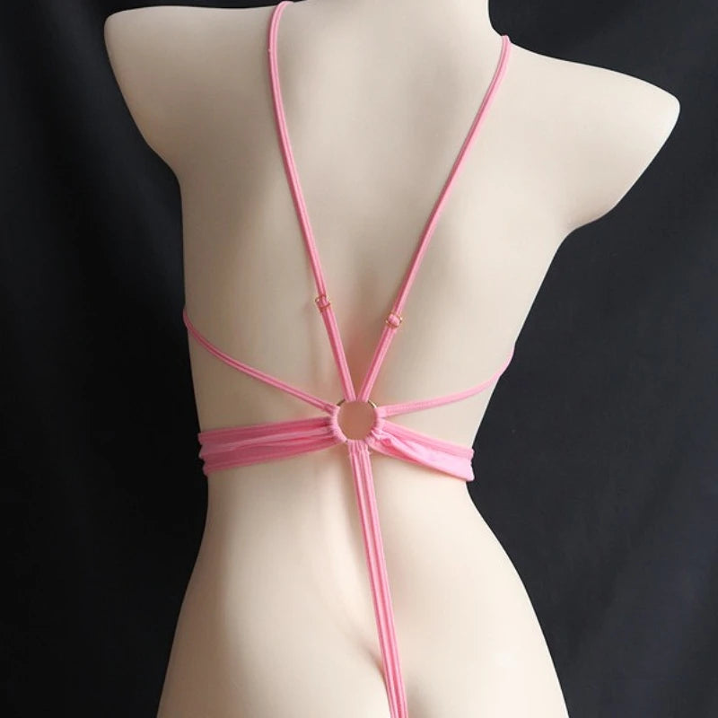 Sexy Lingerie Pink Women's Sexy Bodysuits Open Crotch Transparent Printed Exotic Jumpsuit Lenceria Femenina Temptation Body Suit