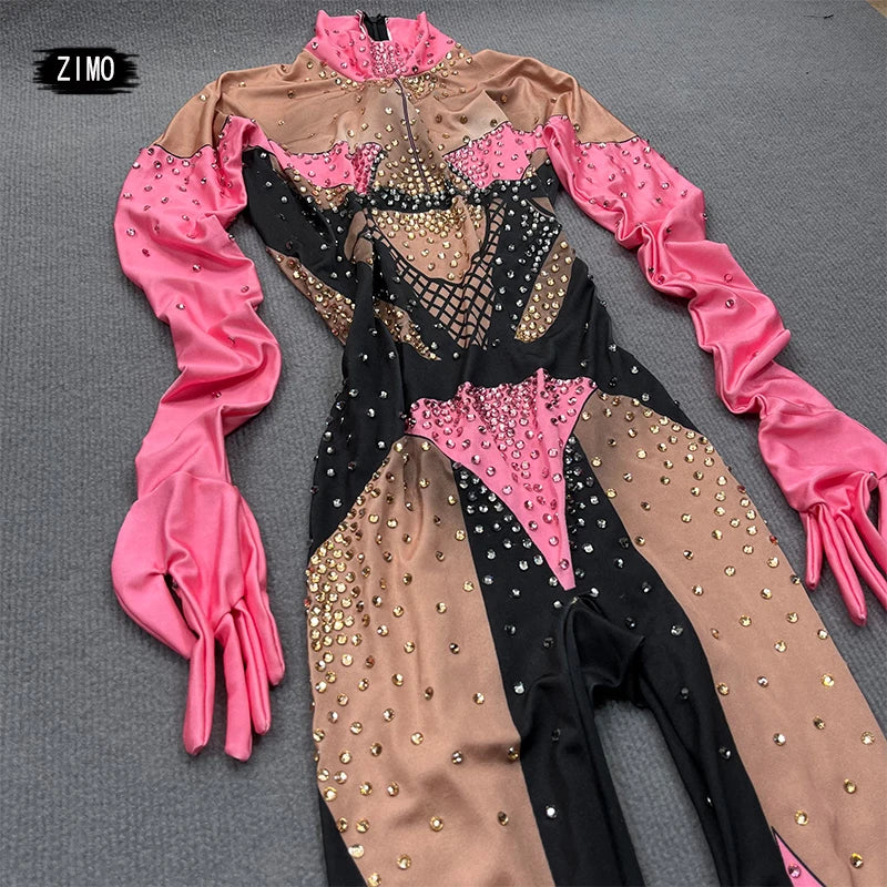 stage sexy blue pink rhinestones long sleeve jumpsuit women pole club Leotard Dance birthday party DS Singer drag queen Costumes
