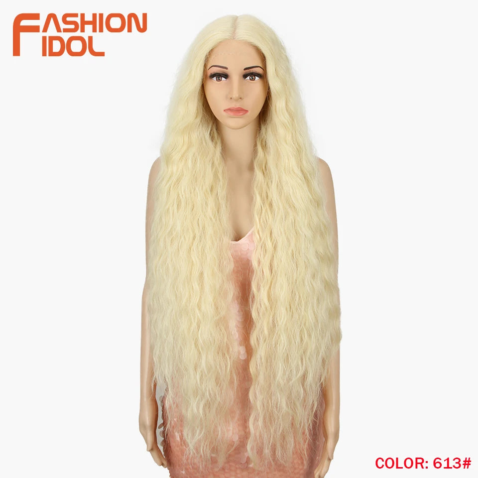 FASHION IDOL 42 Inches Lace Wig Hair Synthetic Wigs For Black Women Ombre Blonde Pink Water Wavy Long Curly Hair Wigs Cosplay
