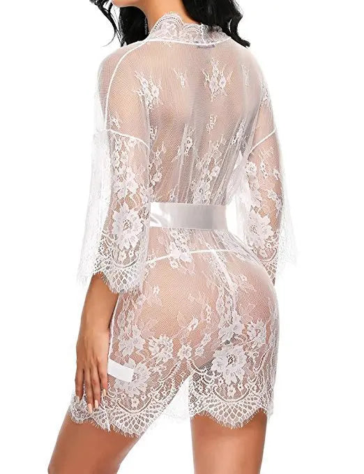 Ladies' Sexy Lace Pajama Set with Three Quarter Sleeves Knitted High and Thin Transparent and Extremely Tempting