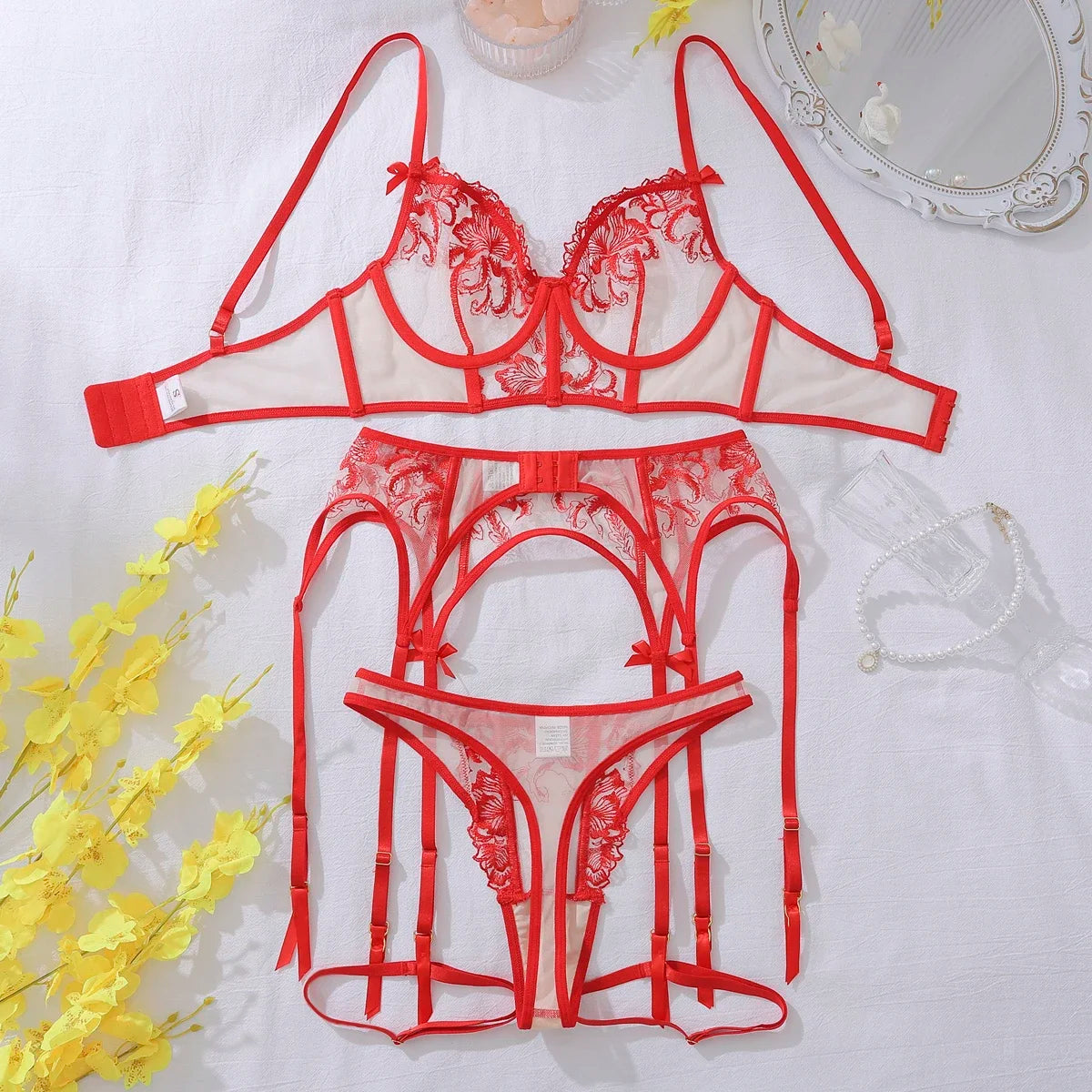 Luxury Valentine Lingeries Sexy Hot Lace Premium Underwear Daring Transparent Intimate Erotic Hot Red Outfit Complete