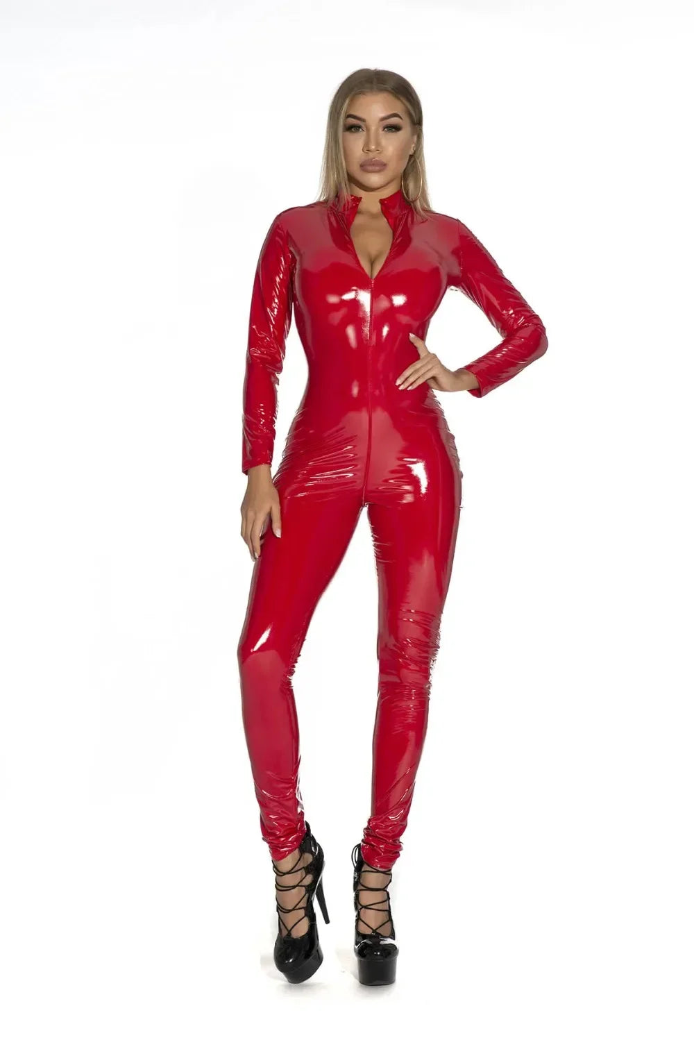 Women Hot Glossy PU Leather Bodysuit Double Zipper Sexy Open Crotch Porn Breast Exposing Jumpsuit Long Sleeve Sexi