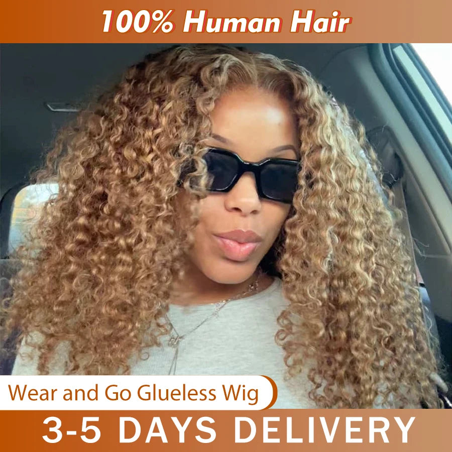 Deep Wave Honey Blonde Glueless Wigs 100% Human Hair Pre Cut Highlight Wear and Go Curly Wigs for Women Ombre HD Lace Front Wig