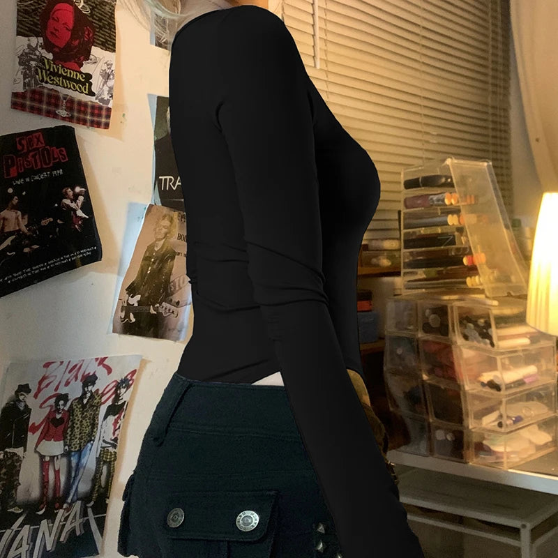 BIIKPIIK Basic Lace Bodysuits For Women Sweet Casual Square Collar Full Sleeve Black Rompers Young Hot All-matched Slim Overalls