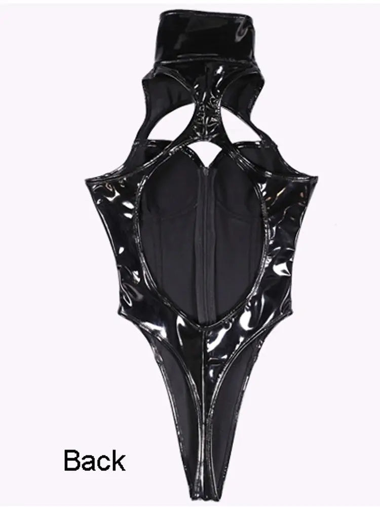 3D Hollow Bust Wet Look PVC Catsuit High Cut Zipper Open Crotch Bodysuit Tight Hot Sexy Sukumizu Cosplay Body Shirt Clubwear Top