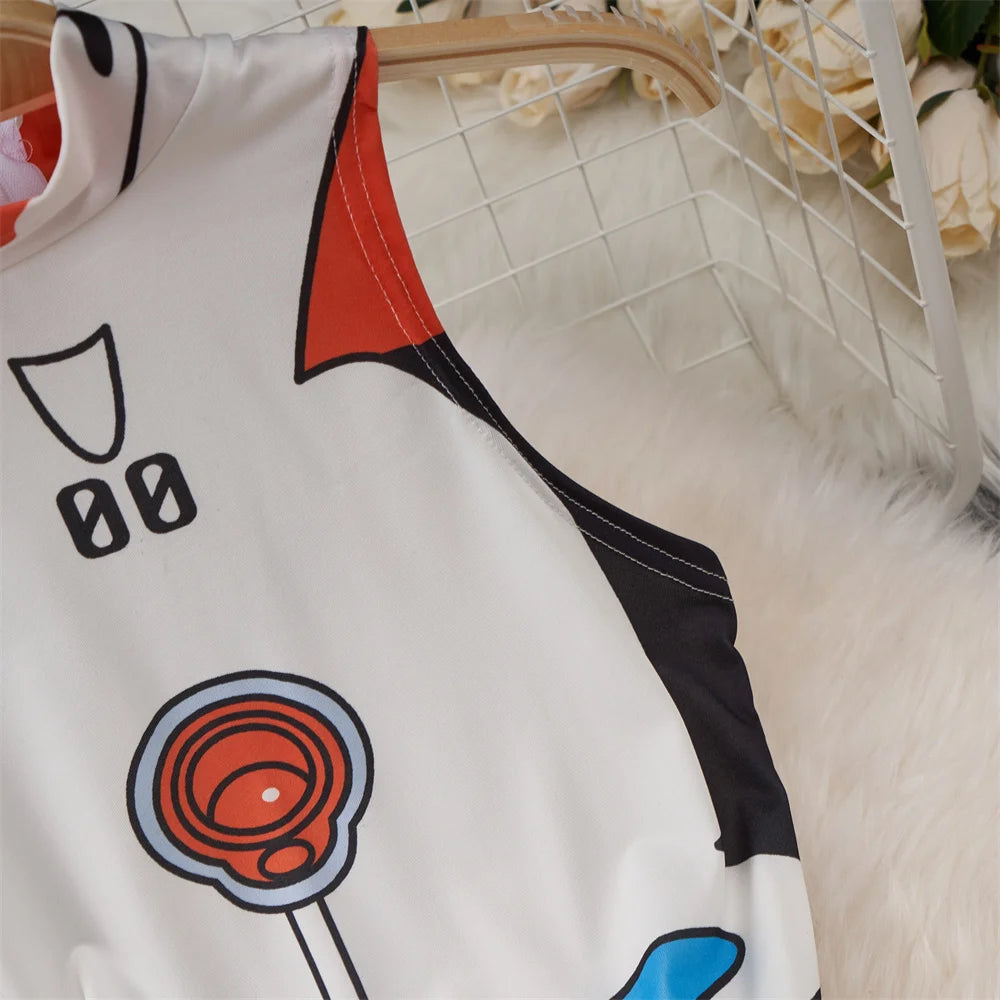 White Cute Sweet Cartoon Printed Jumpsuit Half High Collar Sleeveless Skinny Lingerie Bodycon Bodysuit Rompers Catsuits Clothes