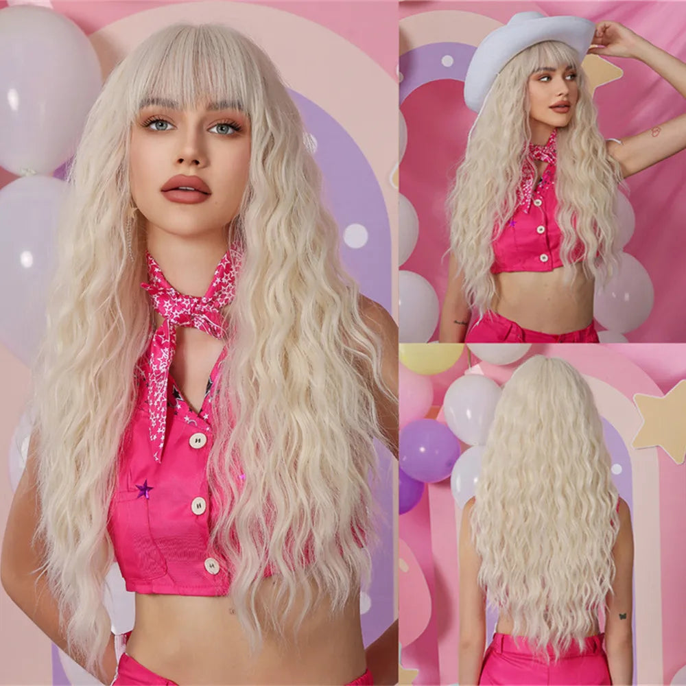 Platinum 613 Blonde Wig Long Wavy Synthetic Wig with Bangs Curly Mixed Golden for Women Cosplay Party Daily Use Heat Resistant