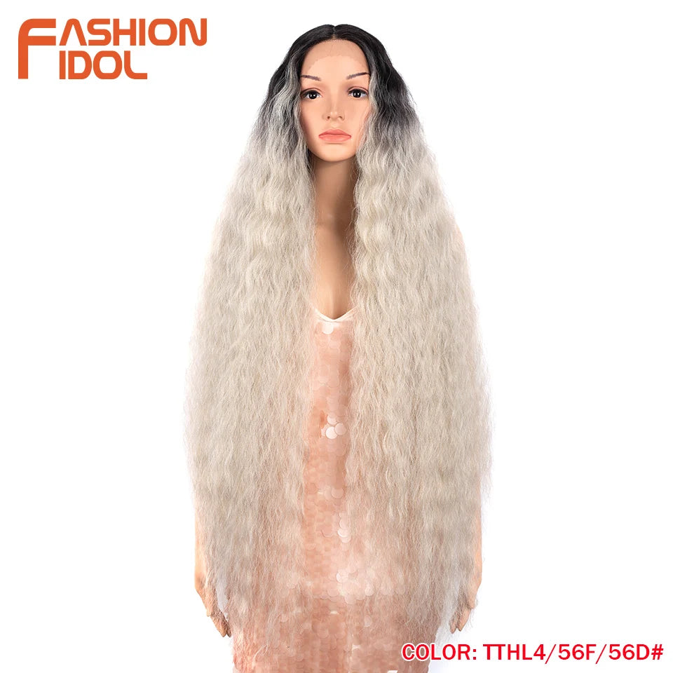 FASHION IDOL 42 Inches Lace Wig Hair Synthetic Wigs For Black Women Ombre Blonde Pink Water Wavy Long Curly Hair Wigs Cosplay