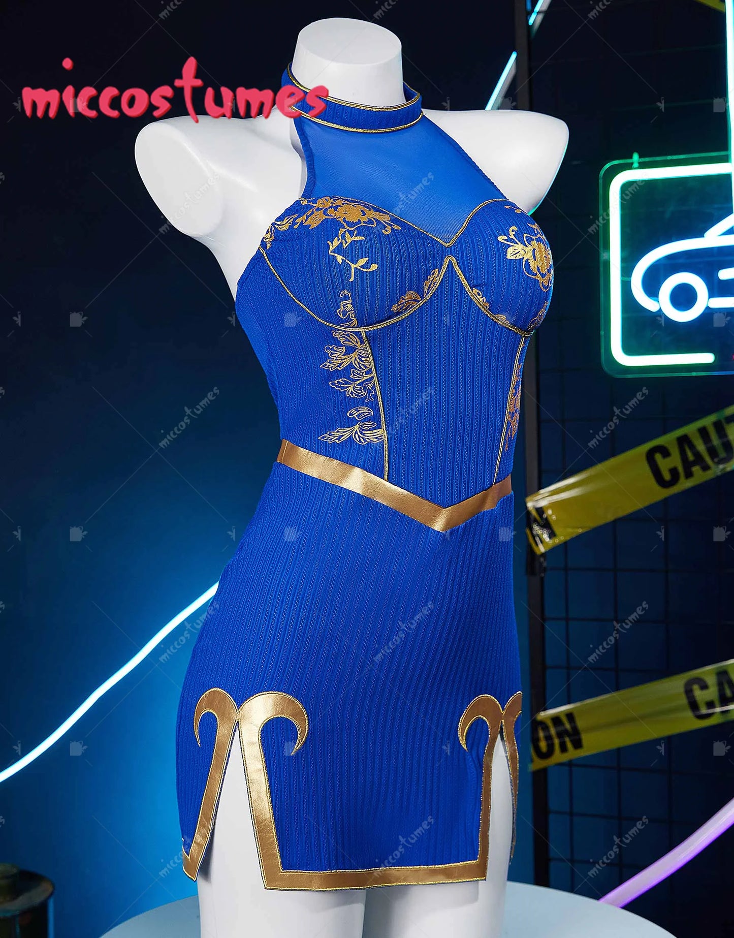 MICCOSTUMES Women's Chun Li Derivative Casual Outfit Halter Dress and Top with Bracelets Hairband Cosplay Costume