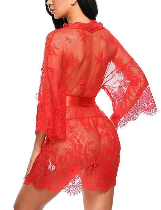 Ladies' Sexy Lace Pajama Set with Three Quarter Sleeves Knitted High and Thin Transparent and Extremely Tempting
