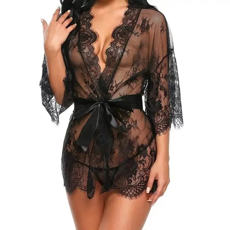 Ladies' Sexy Lace Pajama Set with Three Quarter Sleeves Knitted High and Thin Transparent and Extremely Tempting