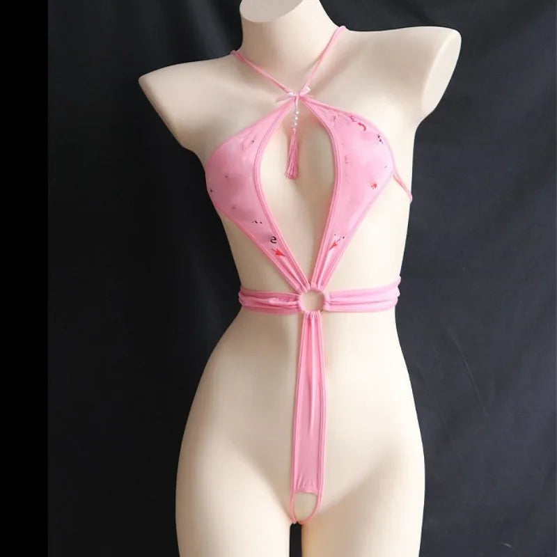 Sexy Lingerie Pink Women's Sexy Bodysuits Open Crotch Transparent Printed Exotic Jumpsuit Lenceria Femenina Temptation Body Suit