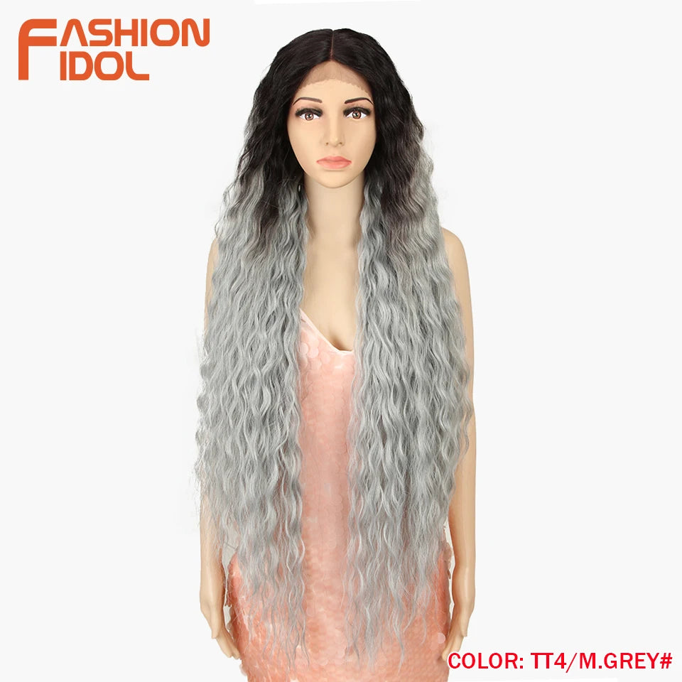 FASHION IDOL 42 Inches Lace Wig Hair Synthetic Wigs For Black Women Ombre Blonde Pink Water Wavy Long Curly Hair Wigs Cosplay