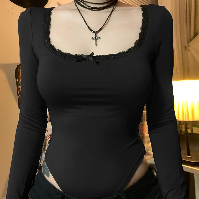 BIIKPIIK Basic Lace Bodysuits For Women Sweet Casual Square Collar Full Sleeve Black Rompers Young Hot All-matched Slim Overalls