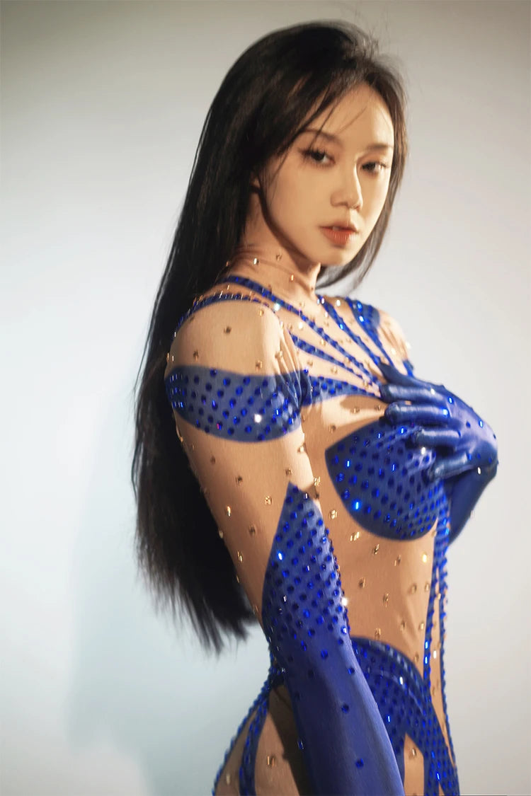 stage sexy blue pink rhinestones long sleeve jumpsuit women pole club Leotard Dance birthday party DS Singer drag queen Costumes