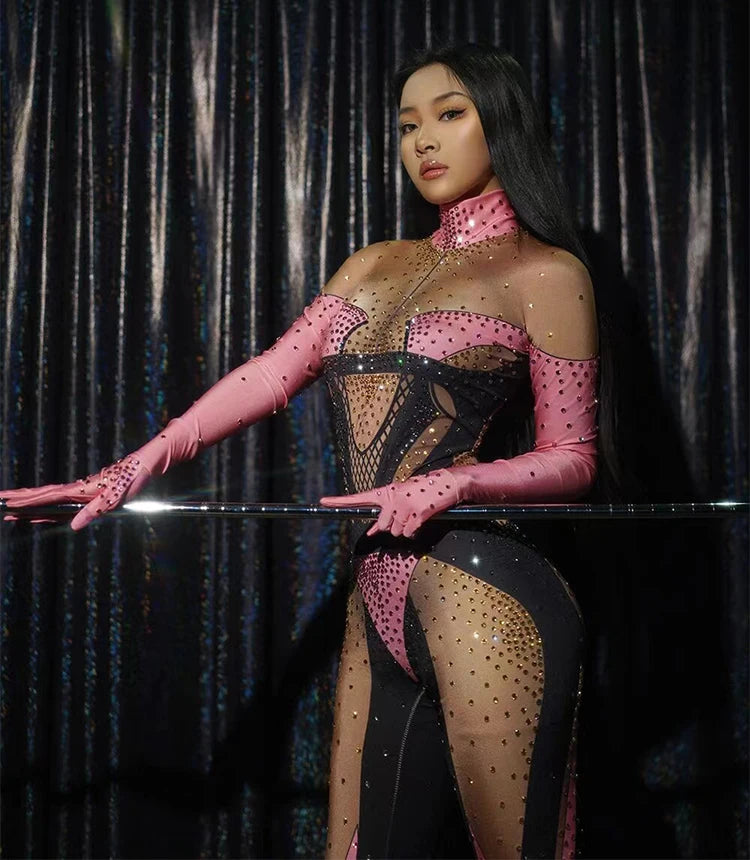 stage sexy blue pink rhinestones long sleeve jumpsuit women pole club Leotard Dance birthday party DS Singer drag queen Costumes