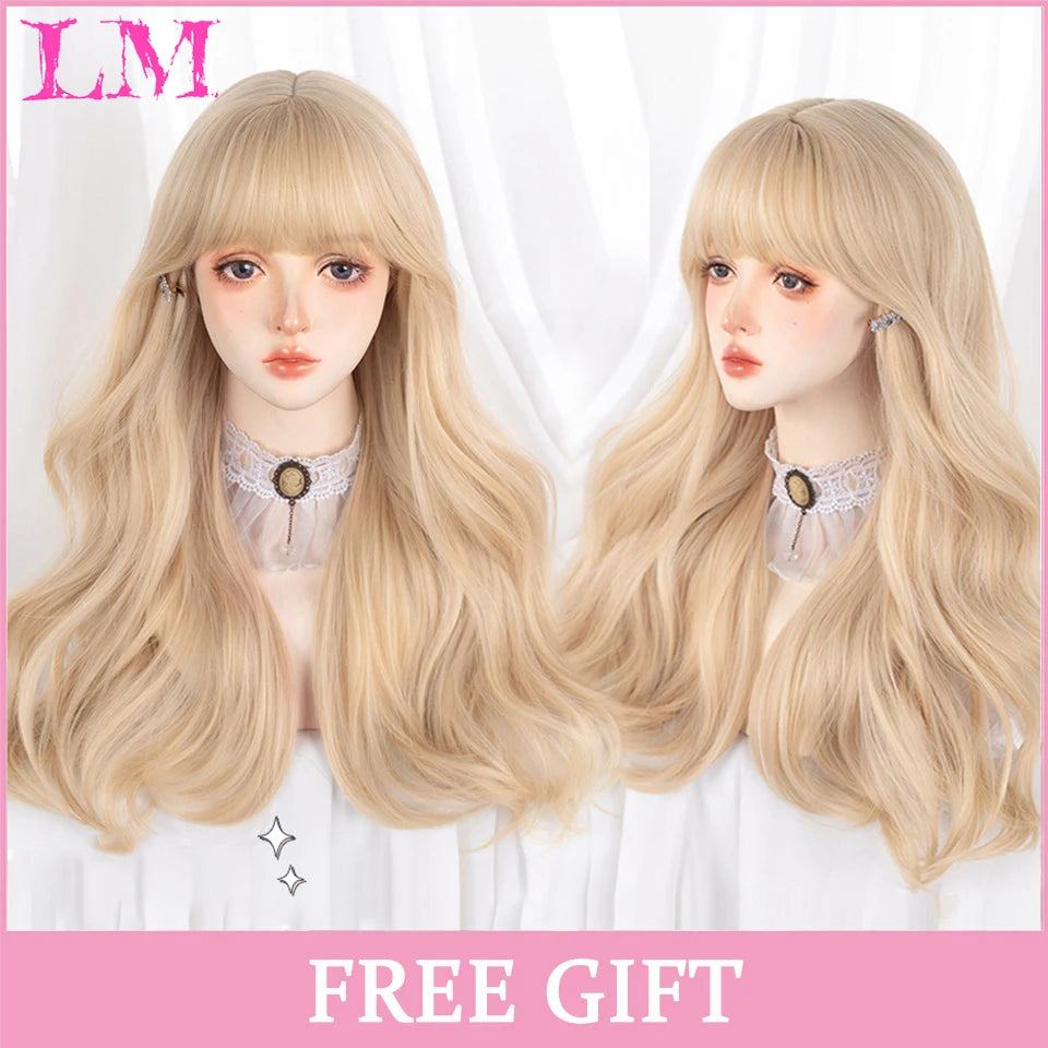 LM Golden Wig Synthetic Ombre Long Straight/Body Wave Middle Part Heat Resistant Natural Hair Wigs For Women Cosplay
