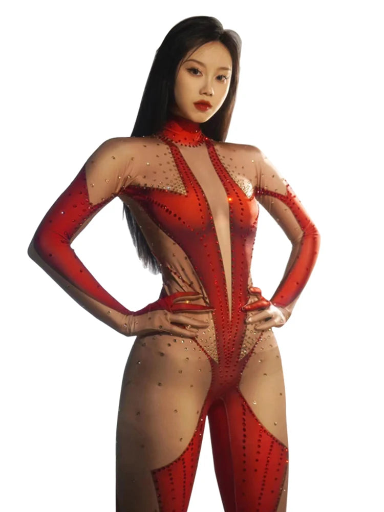 stage sexy blue pink rhinestones long sleeve jumpsuit women pole club Leotard Dance birthday party DS Singer drag queen Costumes