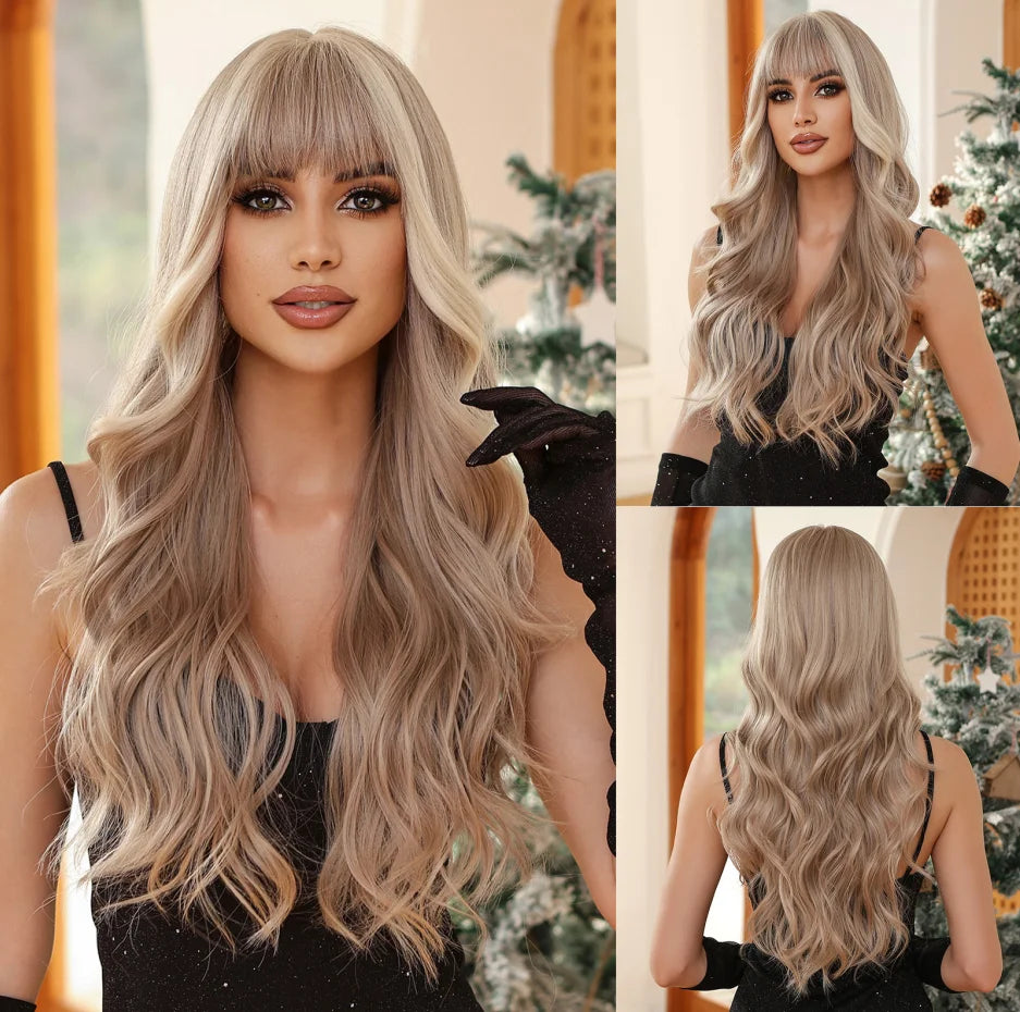 Platinum 613 Blonde Wig Long Wavy Synthetic Wig with Bangs Curly Mixed Golden for Women Cosplay Party Daily Use Heat Resistant