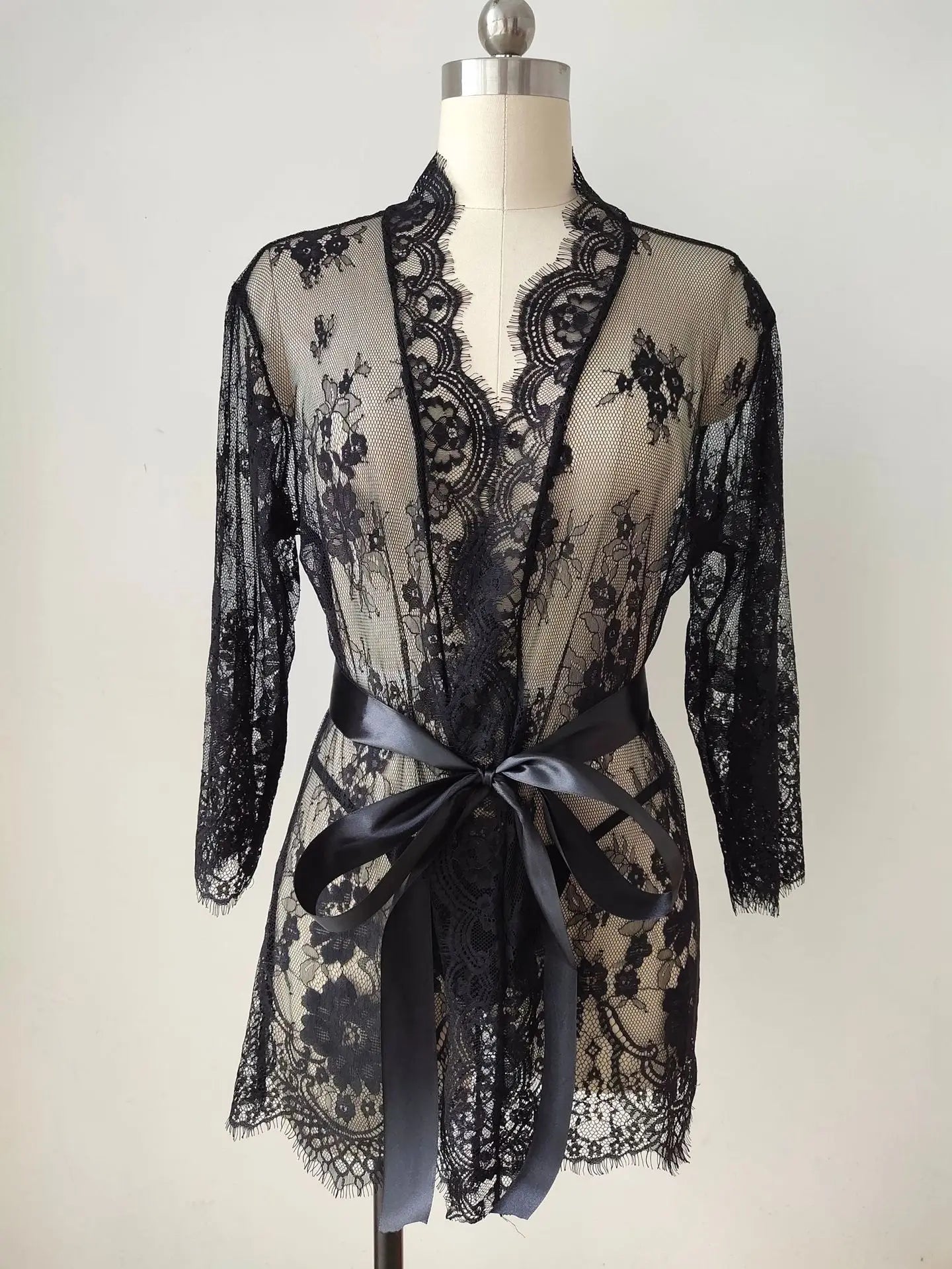 Ladies' Sexy Lace Pajama Set with Three Quarter Sleeves Knitted High and Thin Transparent and Extremely Tempting