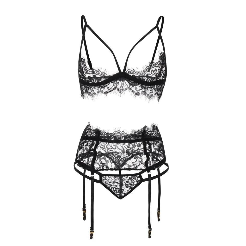 Hot Erotic Lingerie Set Women's Lace Panel Garter Bra And Thong Set Fashion Lace Sexy Lingerie For Woman Pajama Sets Sleepwear