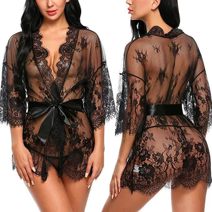 Ladies' Sexy Lace Pajama Set with Three Quarter Sleeves Knitted High and Thin Transparent and Extremely Tempting