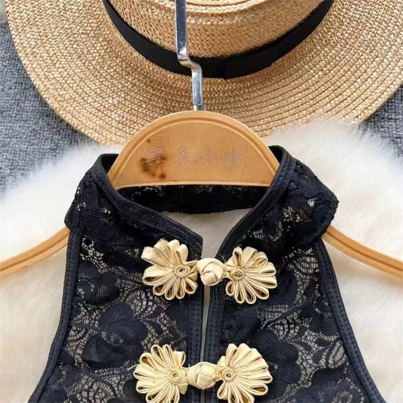 Stand Neck Halter Sleeveless Women's Bodysuit Backless Hollow Out Sexy Lace Black Playsuit Slim Pajamas China Qi Pao Black Sexy