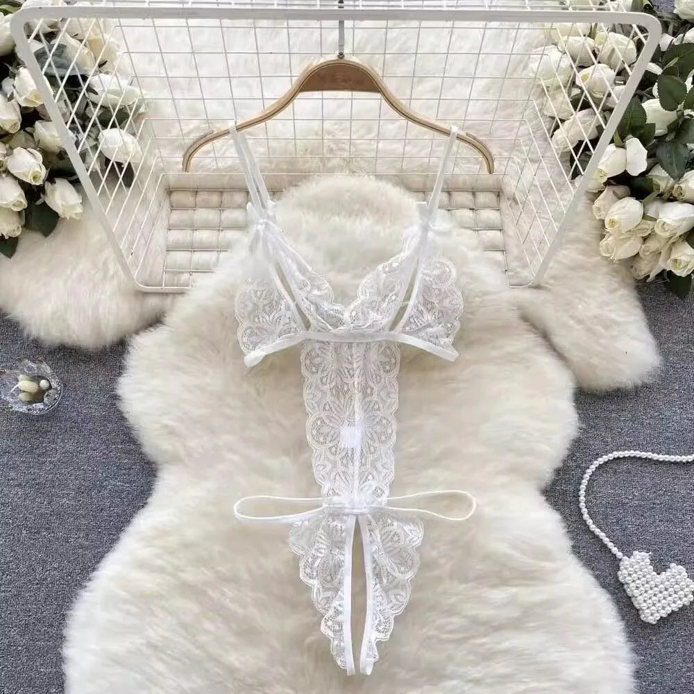 Sweet Deep V Neck Lace Bow Bodysuit Mesh Hollow Transparent Women Lingerie Jumpsuits Sleeveless Lace Sling Nightwear Gifts