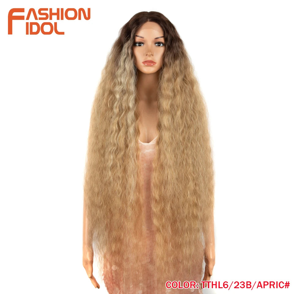 FASHION IDOL 42 Inches Lace Wig Hair Synthetic Wigs For Black Women Ombre Blonde Pink Water Wavy Long Curly Hair Wigs Cosplay