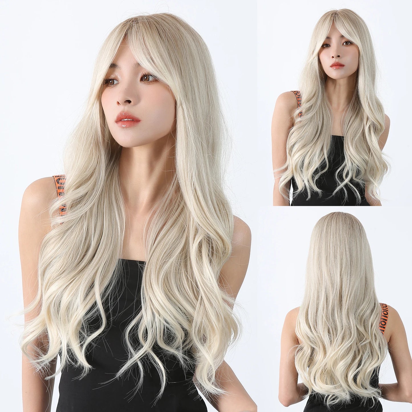 Platinum 613 Blonde Wig Long Wavy Synthetic Wig with Bangs Curly Mixed Golden for Women Cosplay Party Daily Use Heat Resistant