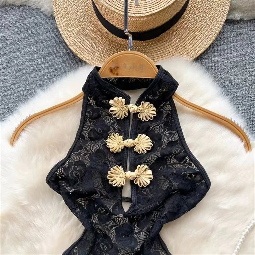 Stand Neck Halter Sleeveless Women's Bodysuit Backless Hollow Out Sexy Lace Black Playsuit Slim Pajamas China Qi Pao Black Sexy