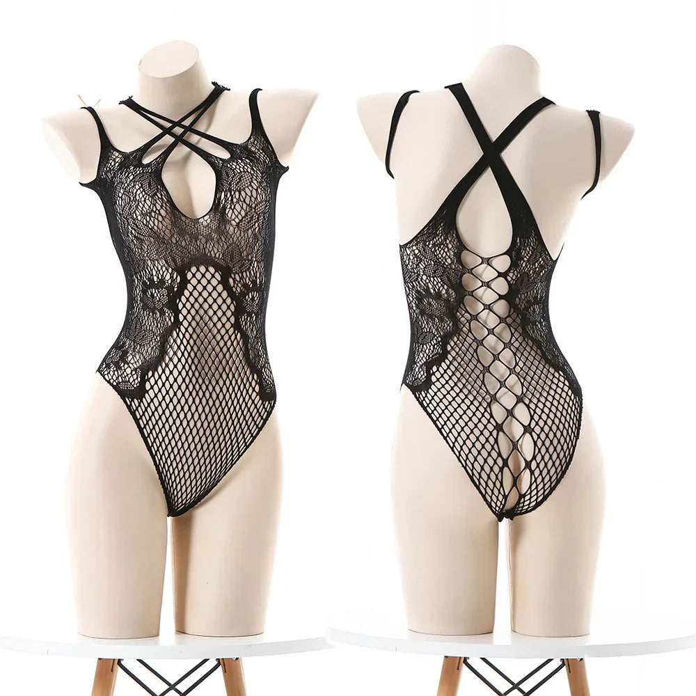Sexy Fishnet Teddy Lingerie for Women - Crisscross Hollow Out One-Piece Bodysuit & Babydoll Nightwear