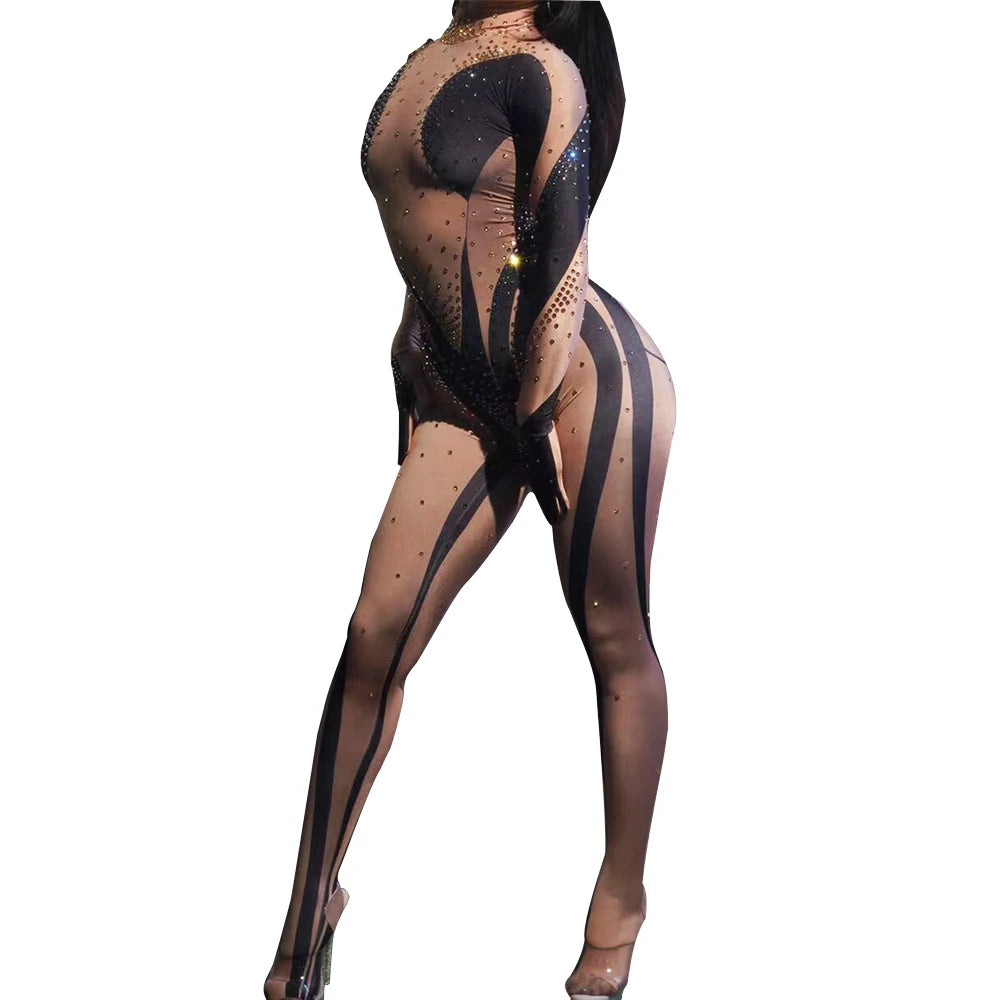 stage sexy blue pink rhinestones long sleeve jumpsuit women pole club Leotard Dance birthday party DS Singer drag queen Costumes