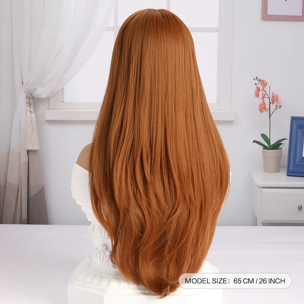 26 Inch Brown Long Wig Synthetic For Women Natural Wave Wigs With Bangs Fake Hair Heat Resistant Fiber For Daily Halloween Party