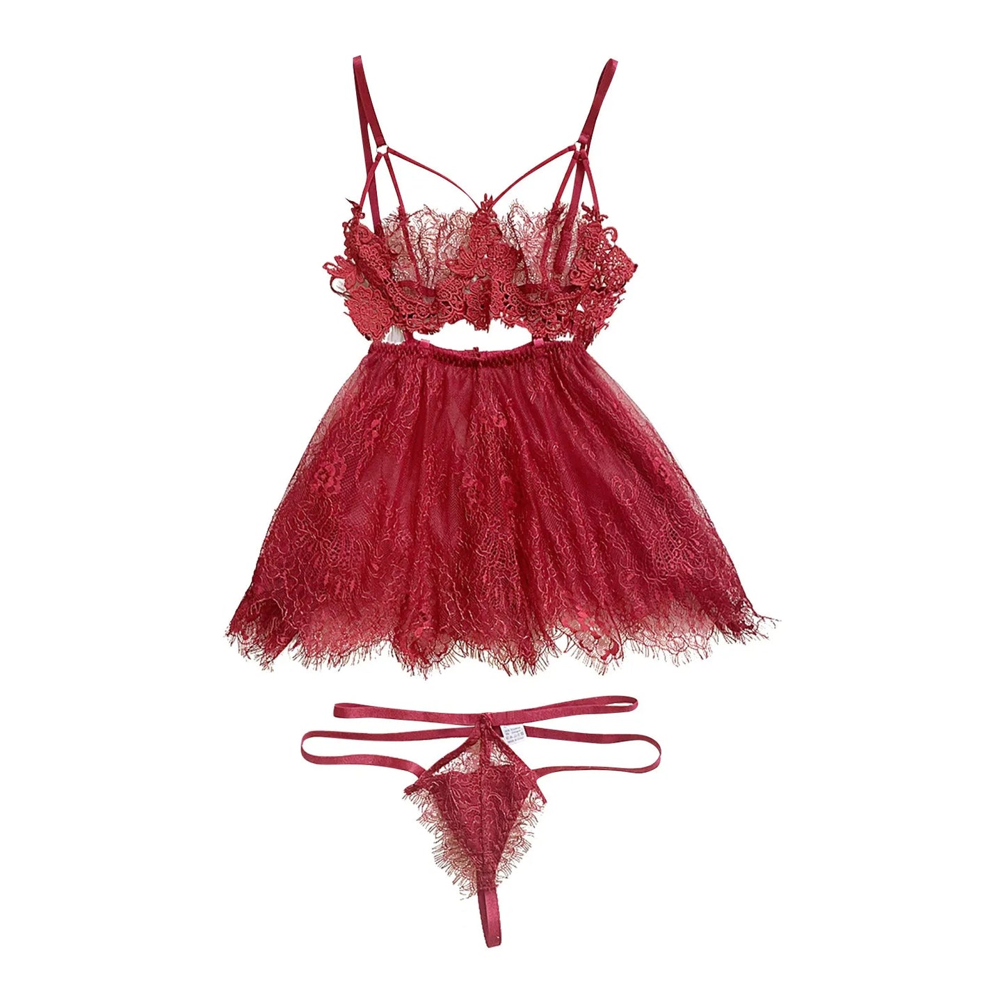 Women Lace Sexy Lingerie Mesh Lace High Waisted Strappy Exotic Sleepwear Nightdress Ladies Ruffle Lace Purelingeries Sexy Hot