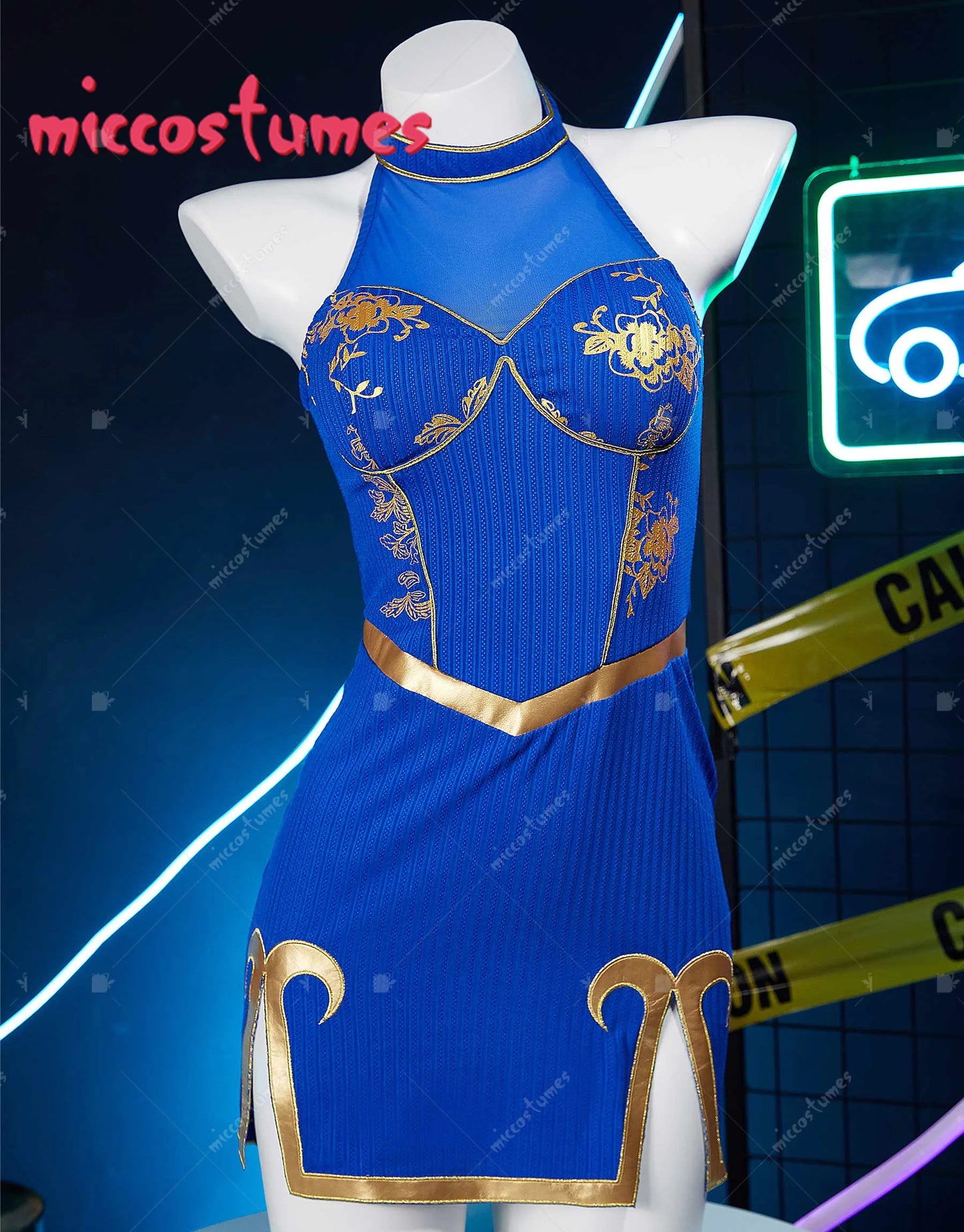 MICCOSTUMES Women's Chun Li Derivative Casual Outfit Halter Dress and Top with Bracelets Hairband Cosplay Costume