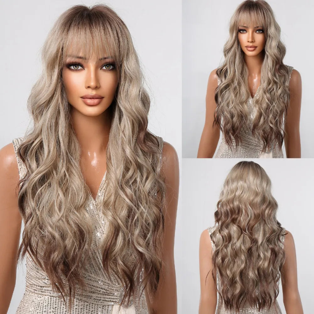 Platinum 613 Blonde Wig Long Wavy Synthetic Wig with Bangs Curly Mixed Golden for Women Cosplay Party Daily Use Heat Resistant