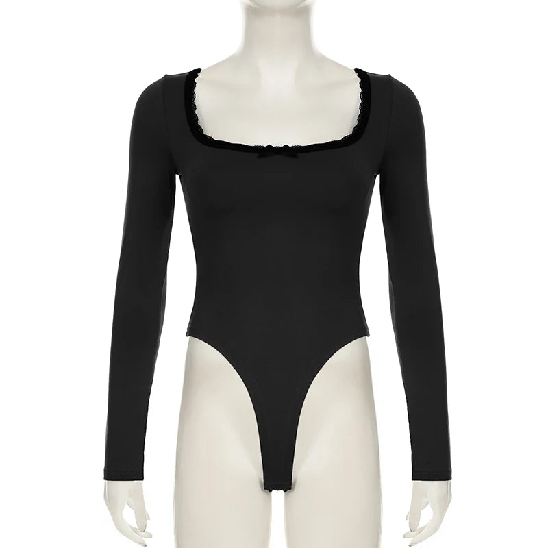 BIIKPIIK Basic Lace Bodysuits For Women Sweet Casual Square Collar Full Sleeve Black Rompers Young Hot All-matched Slim Overalls